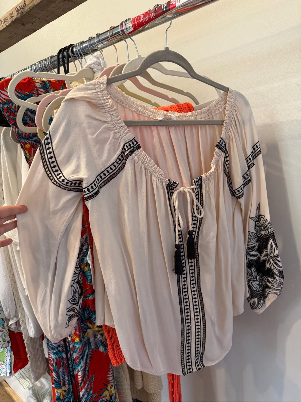 Astr Cream Peasant Tunic with Black Embroidery